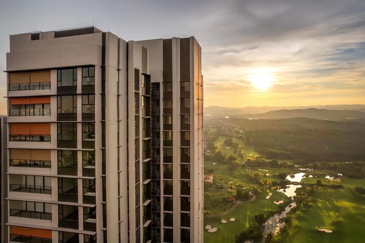 Aetas Damansara, completed in June 2025, overlooking the golf course at sunset