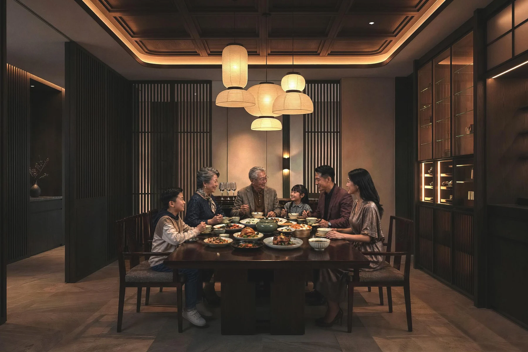 Three generations at dinner in an Aetas Taman Desa dining room, artist’s impression