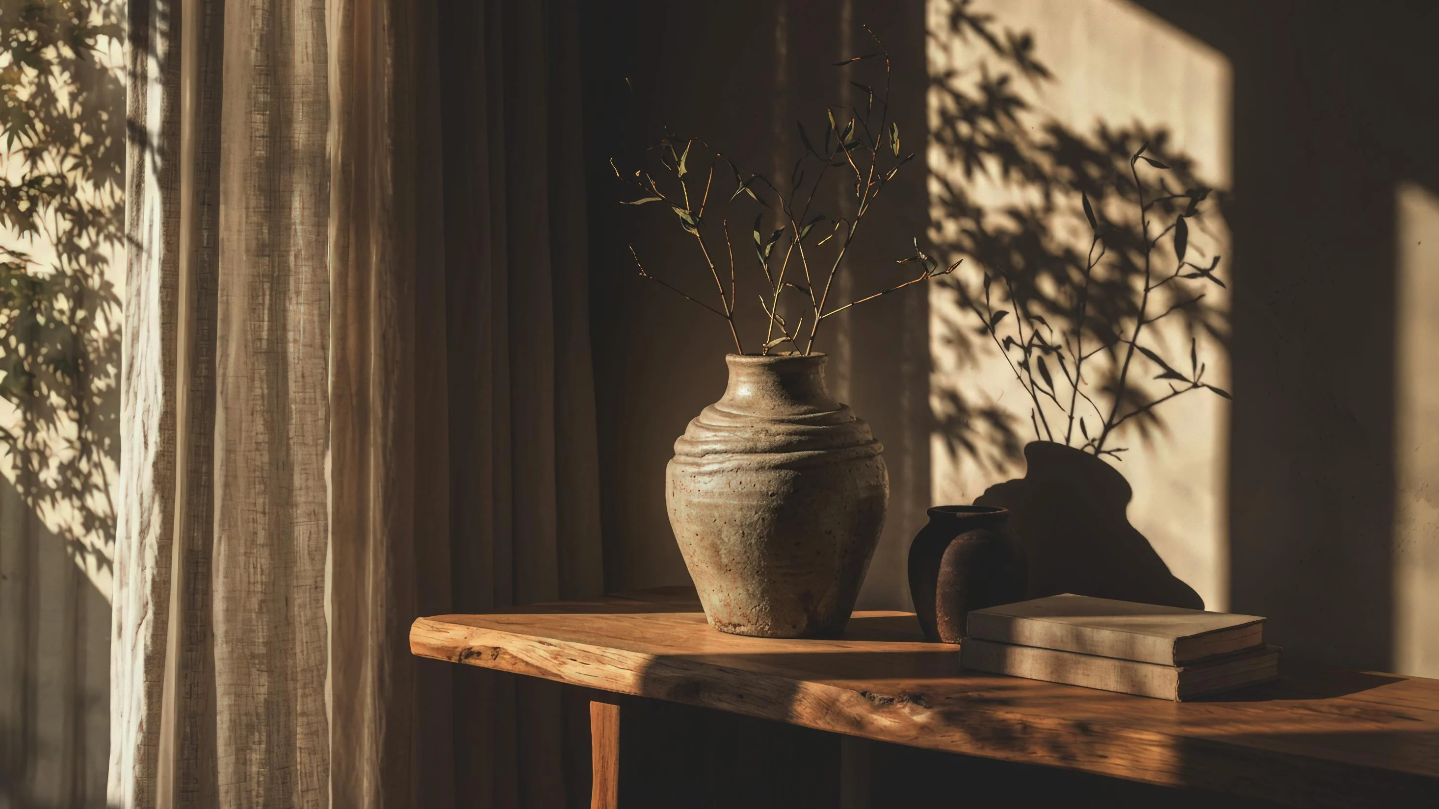 Aetas Taman Desa interior detail: a clay vase on a timber console in soft daylight