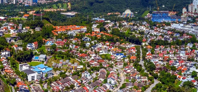 Aerial view of bungalows and landed homes on the Damansara Heights hillside