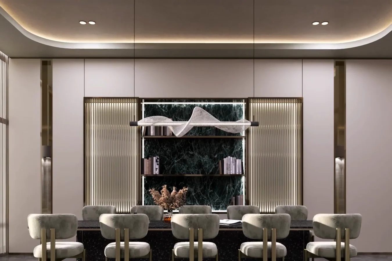 Family lounge with a long dining table on Level 33, CloutHaus Residences