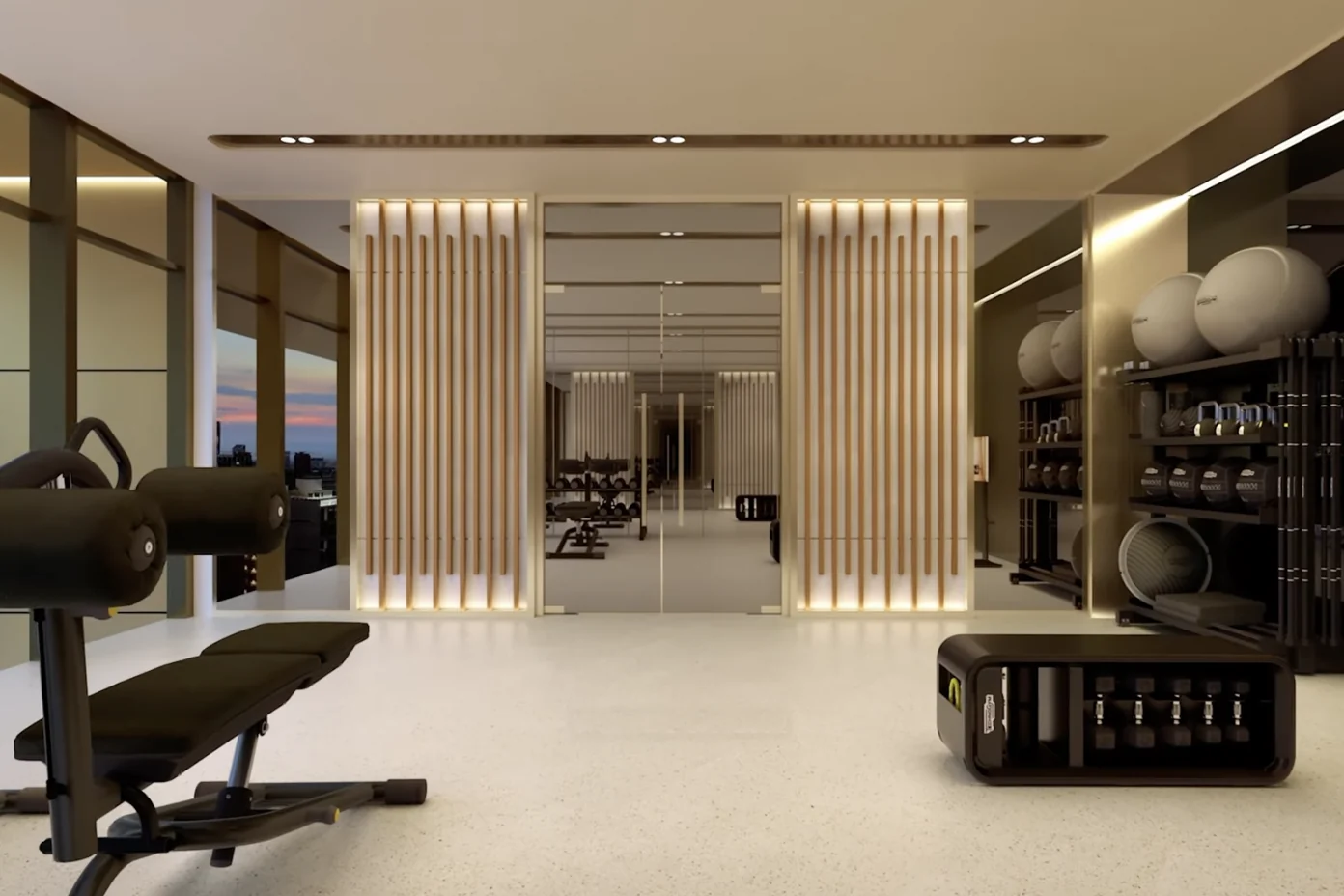 Gym with free weights and city views on Level 33A, CloutHaus Residences