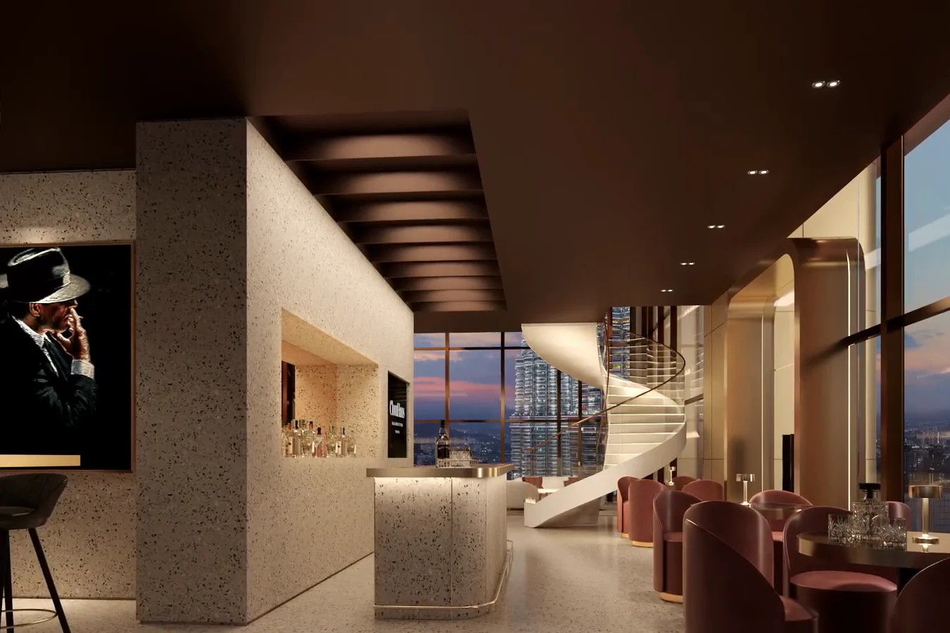 Sky Bar with a spiral stair and city views on Level 33, CloutHaus Residences