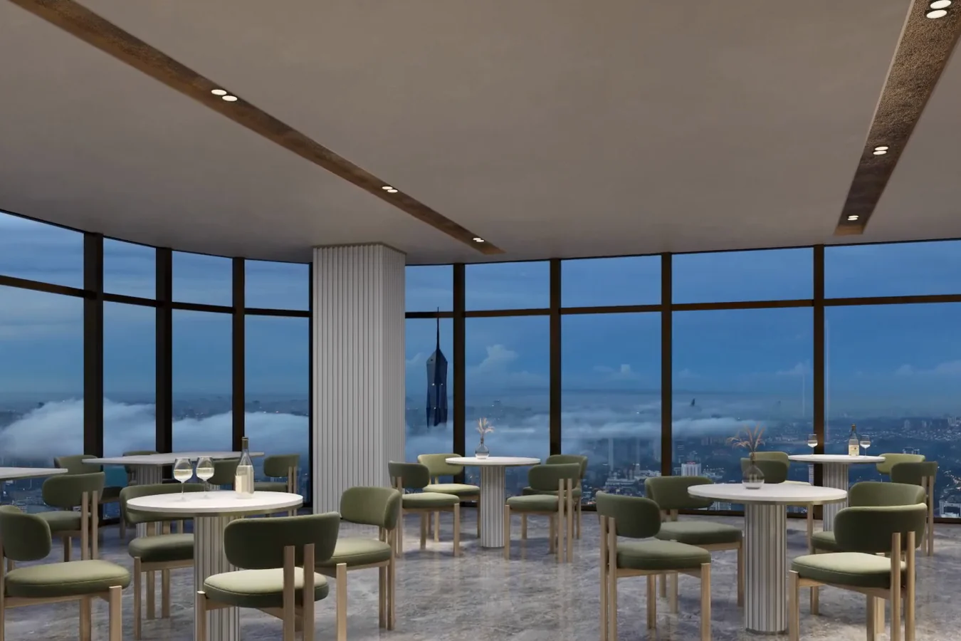 Sky Dining room with full-height windows over Kuala Lumpur, CloutHaus Residences