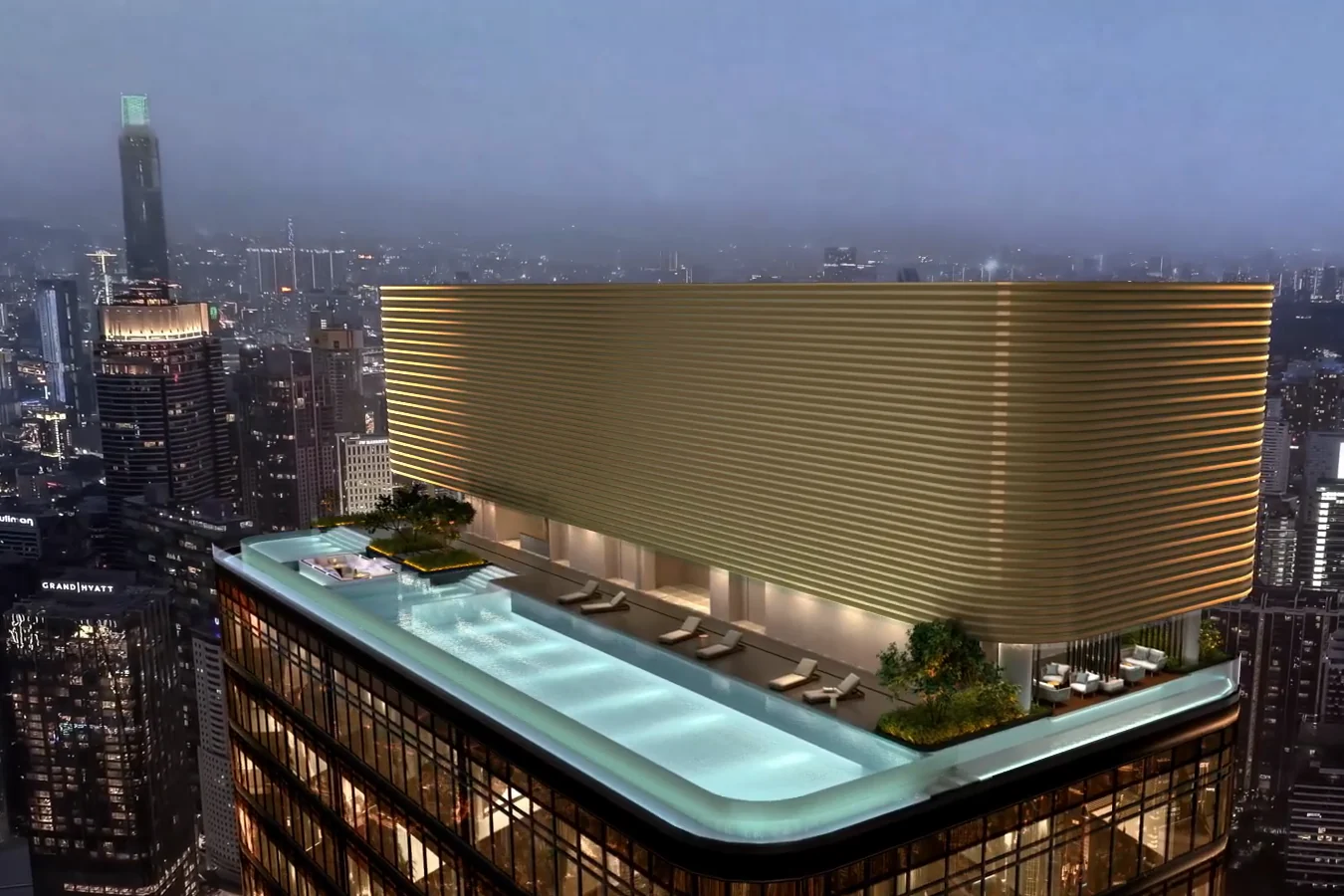 Aerial view of the Level 64 Sky Pool at the top of CloutHaus Residences