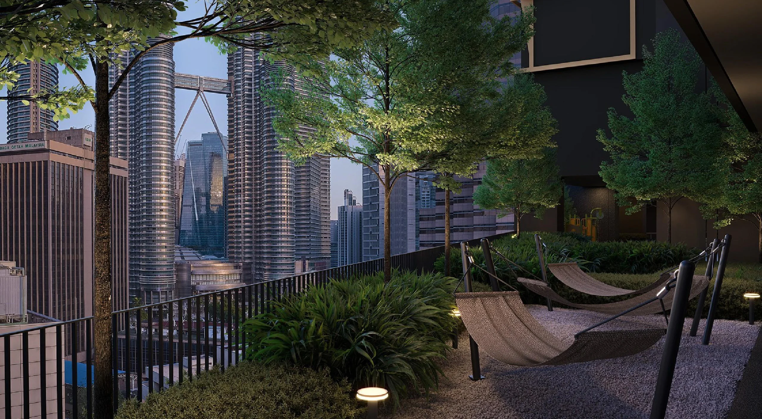 The hammock garden on the Play Deck of Divine KLCC, facing the Petronas Twin Towers