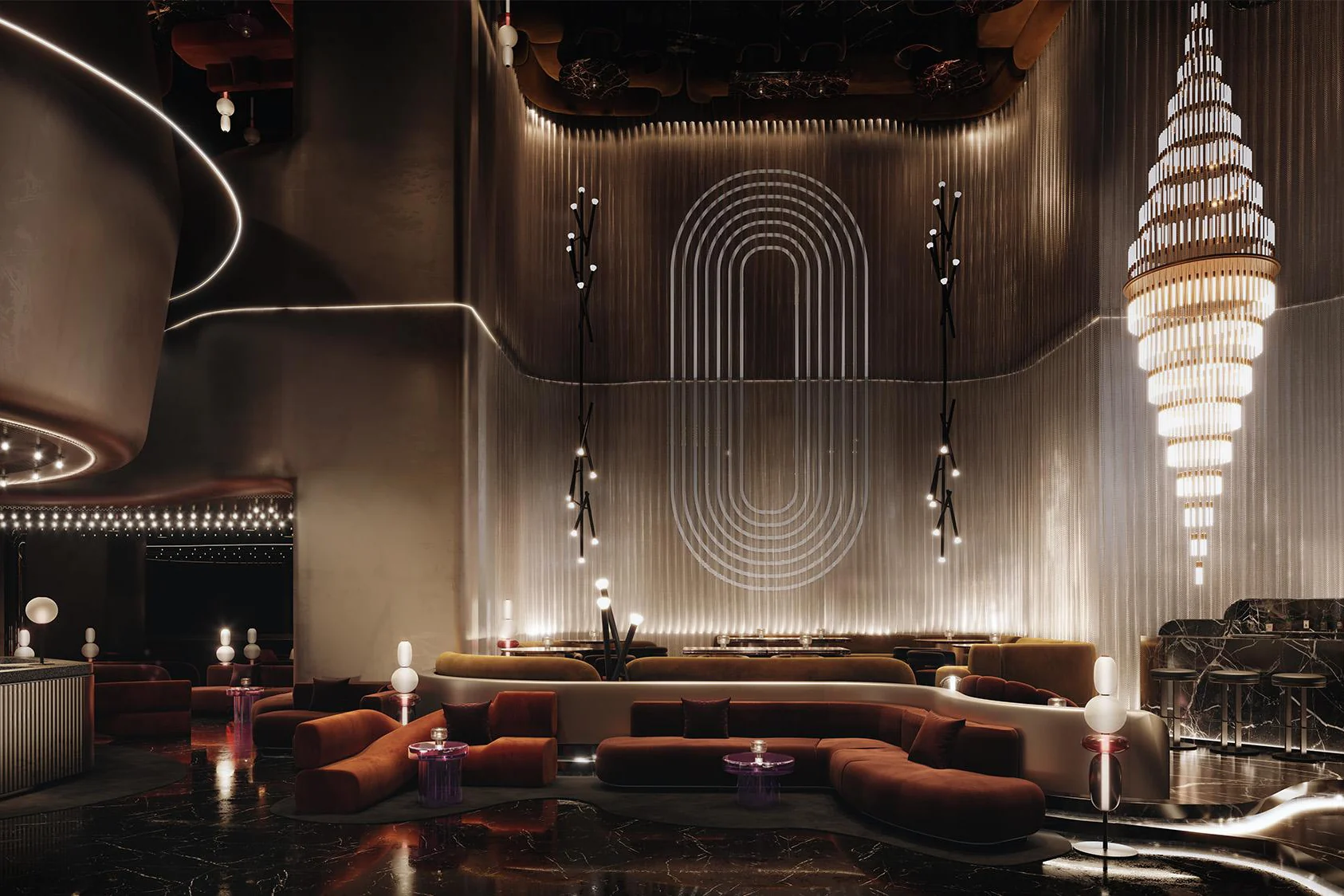The lobby lounge at Divine KLCC by Ministry of Design, with a crystal chandelier