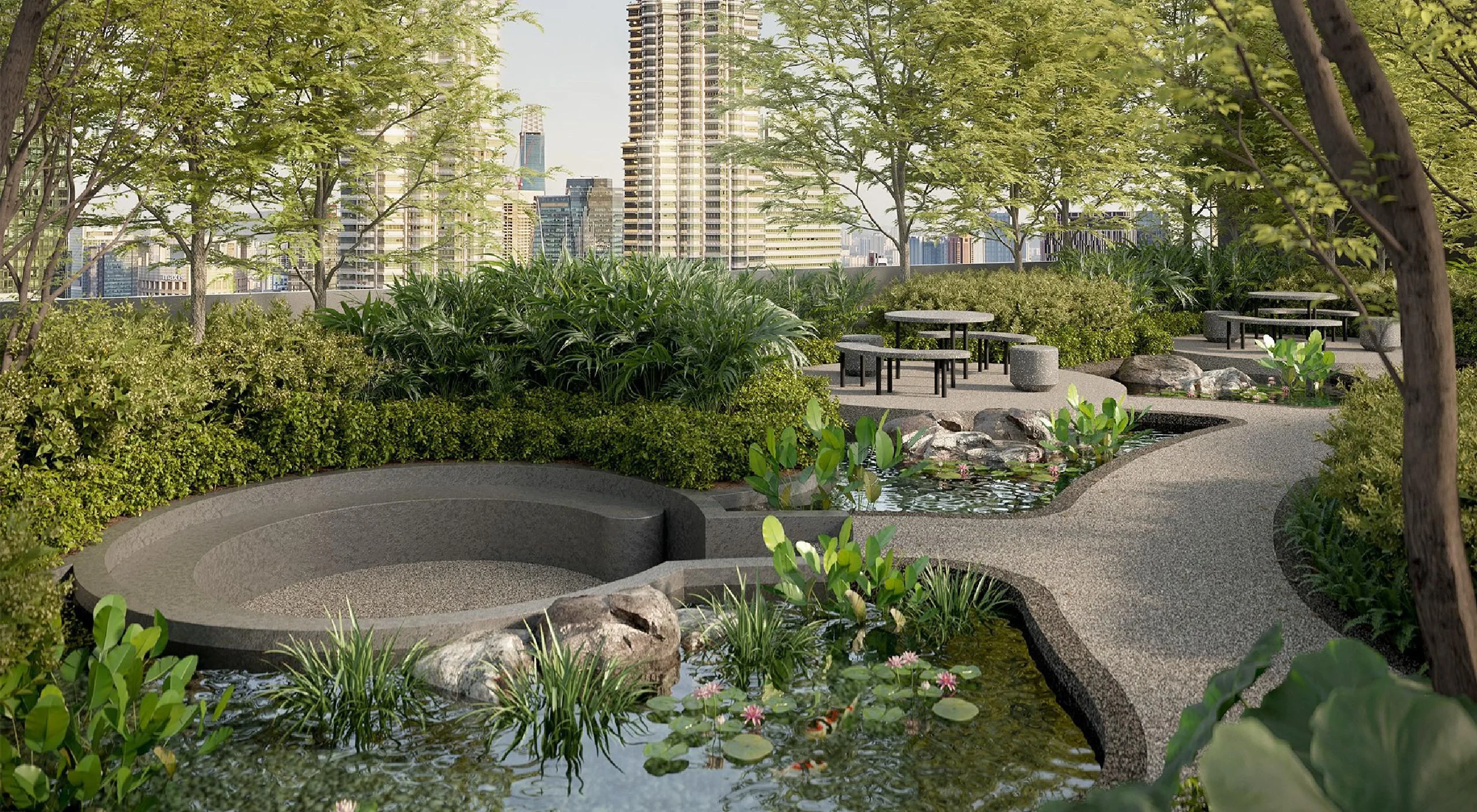 Seats by the water garden on Level 43A of Divine KLCC