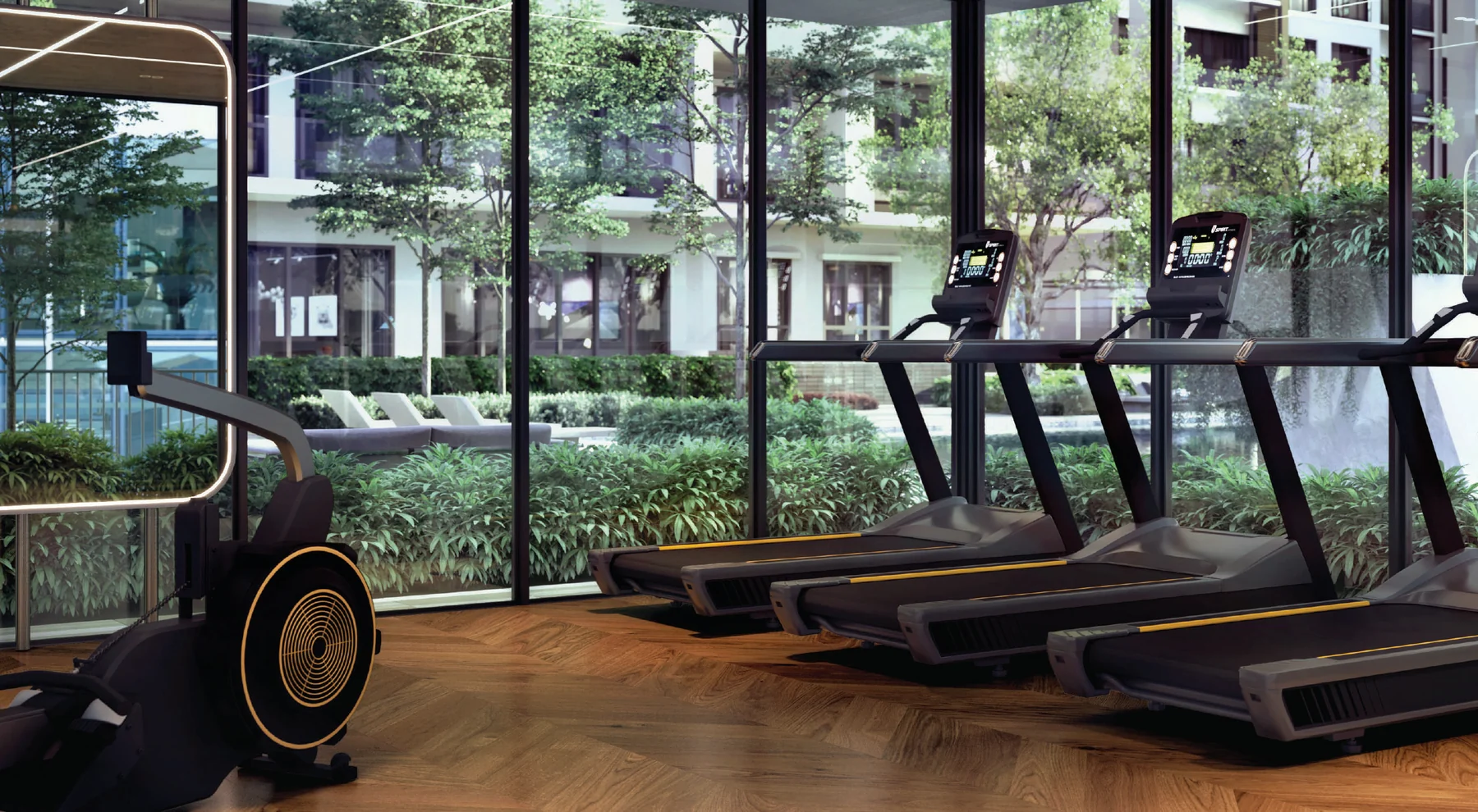The gym facing the gardens at Enlace Suites II