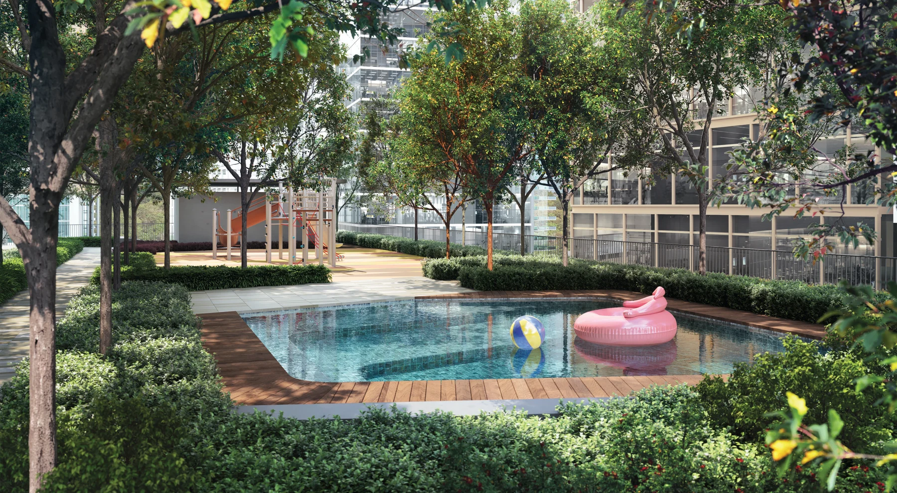 The kid’s pool and playground at Enlace Suites II