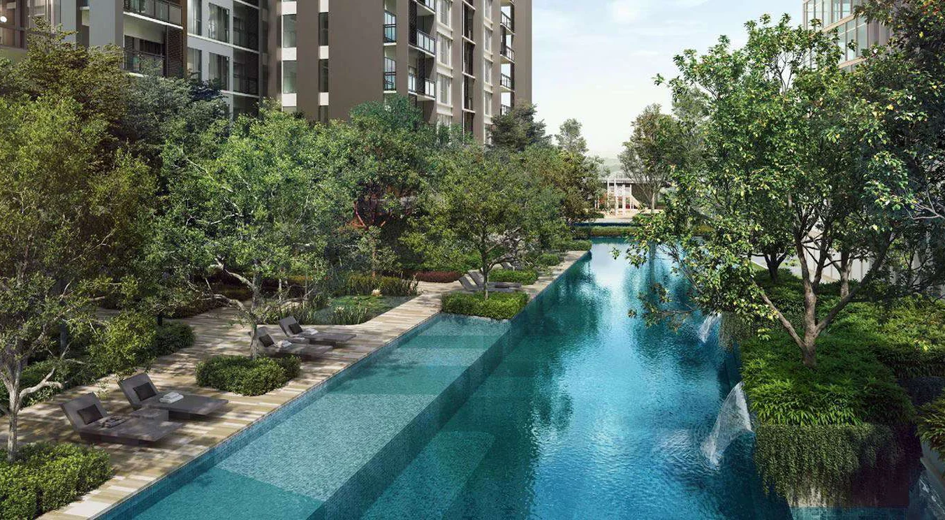 The 50-metre lap pool among the trees on Level 8 of Enlace Suites II