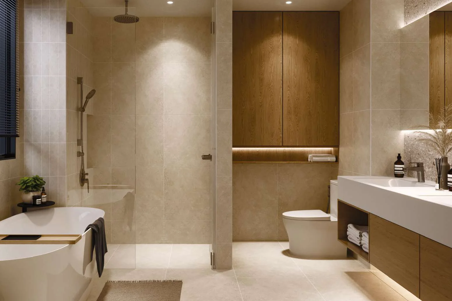 Bathroom with a freestanding bath in a design concept for Enlace Suites II