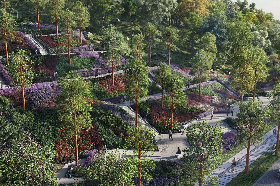 The landscaped urban park and walking paths at Pantai Sentral Park