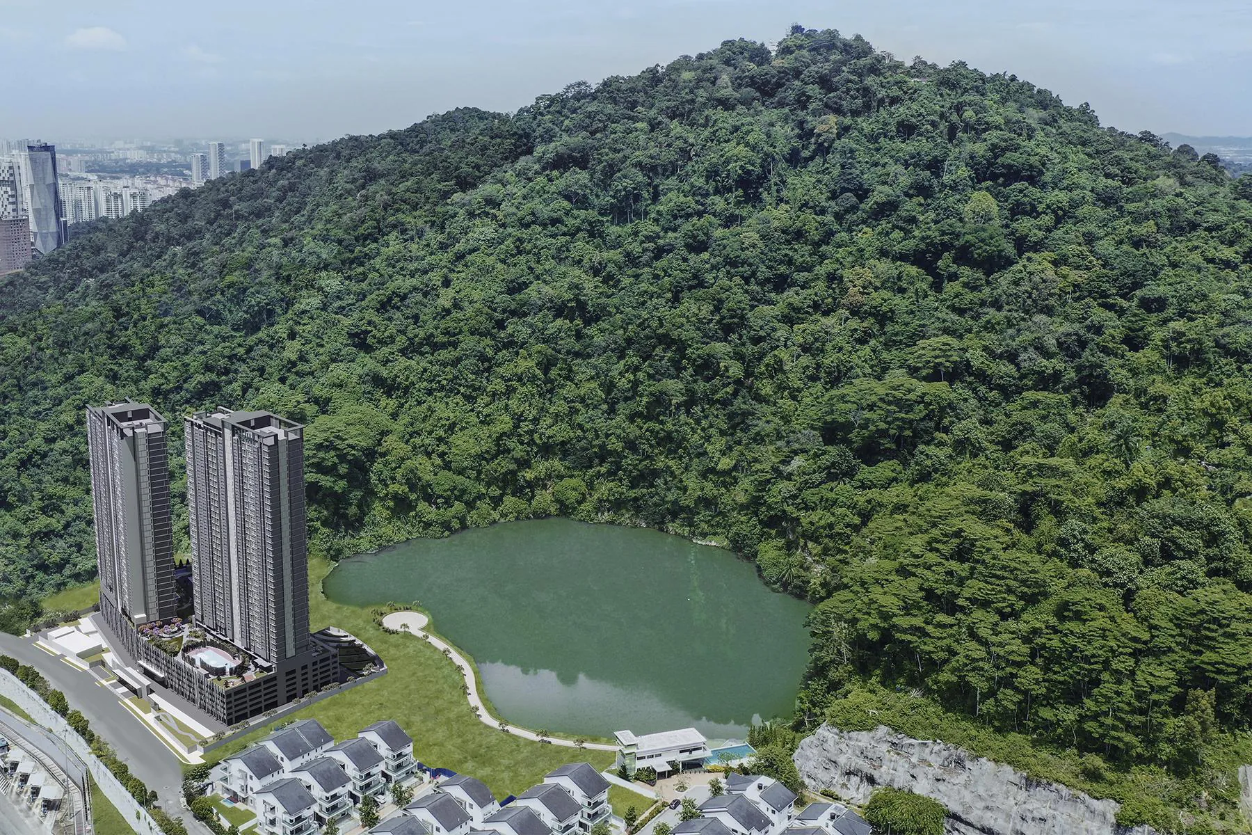Aerial view of ForestHill Residences beside the lake and the forest on the hill