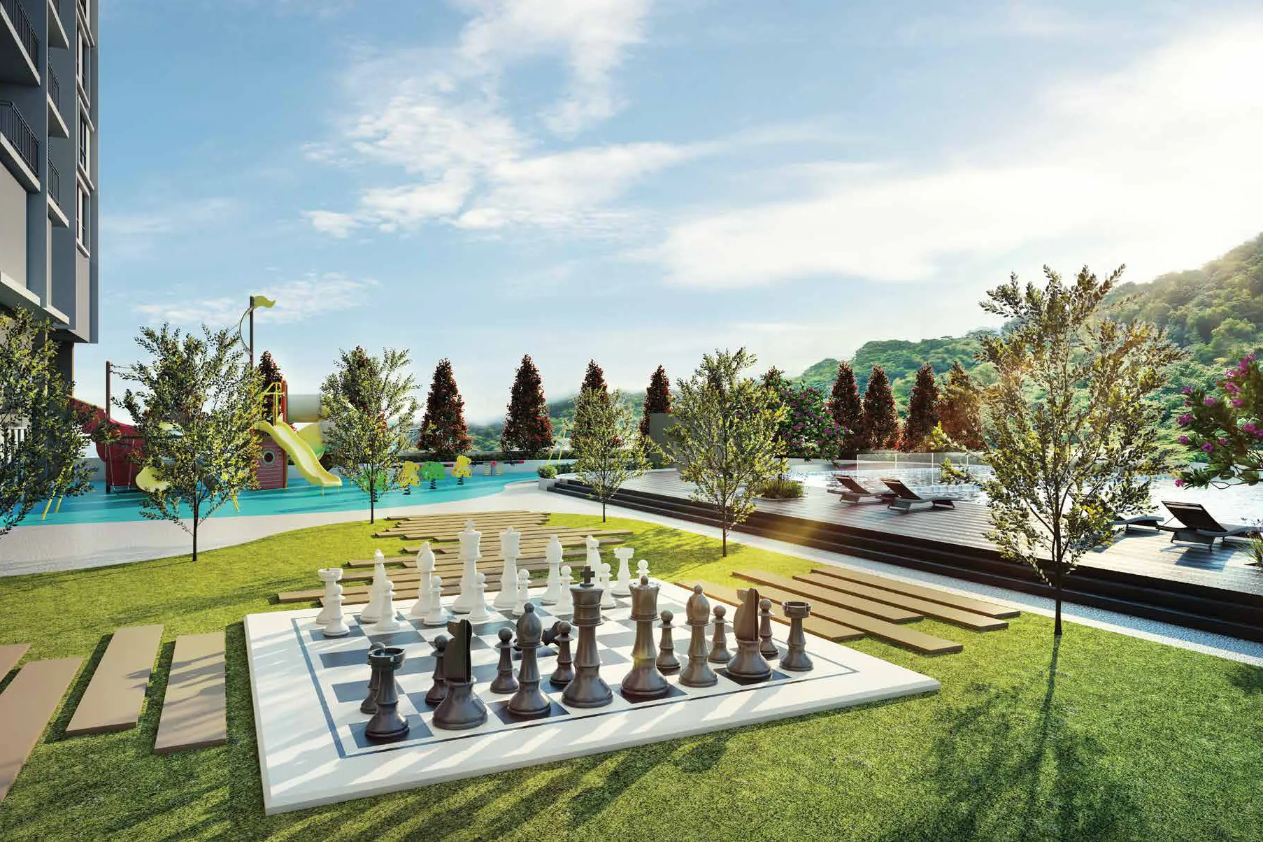 The chess garden, playground and pool on the Level 6 deck of ForestHill Residences