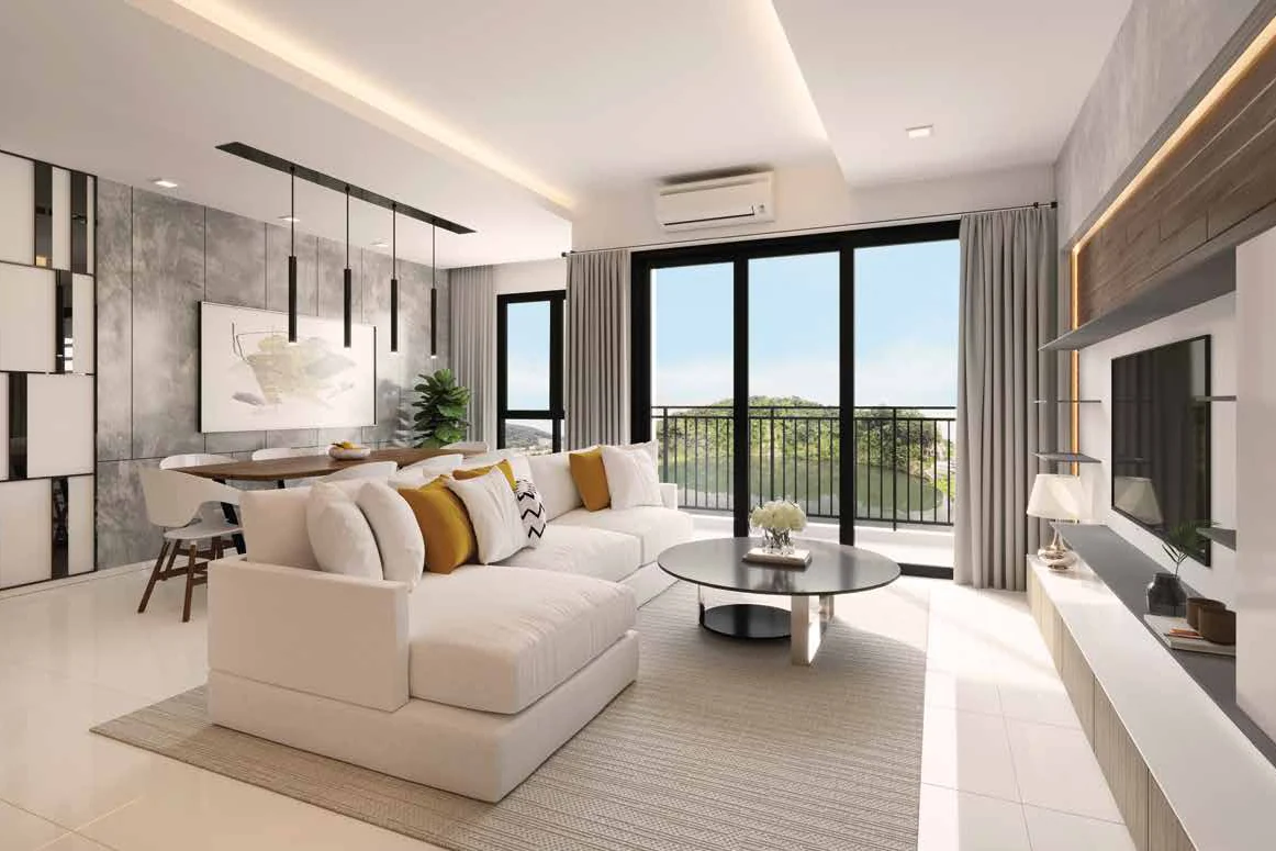 A ForestHill Residences living room with a balcony facing the hill