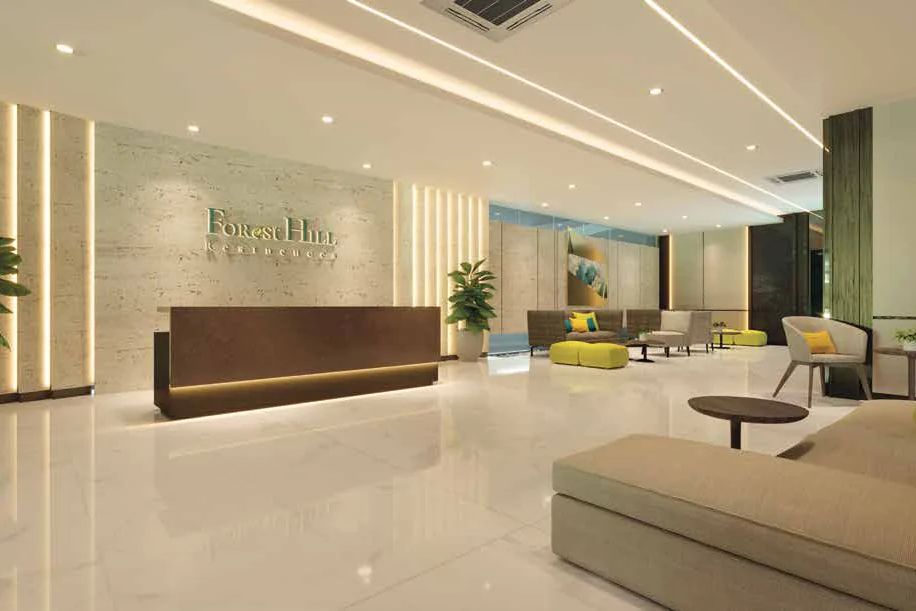 The lobby lounge at ForestHill Residences