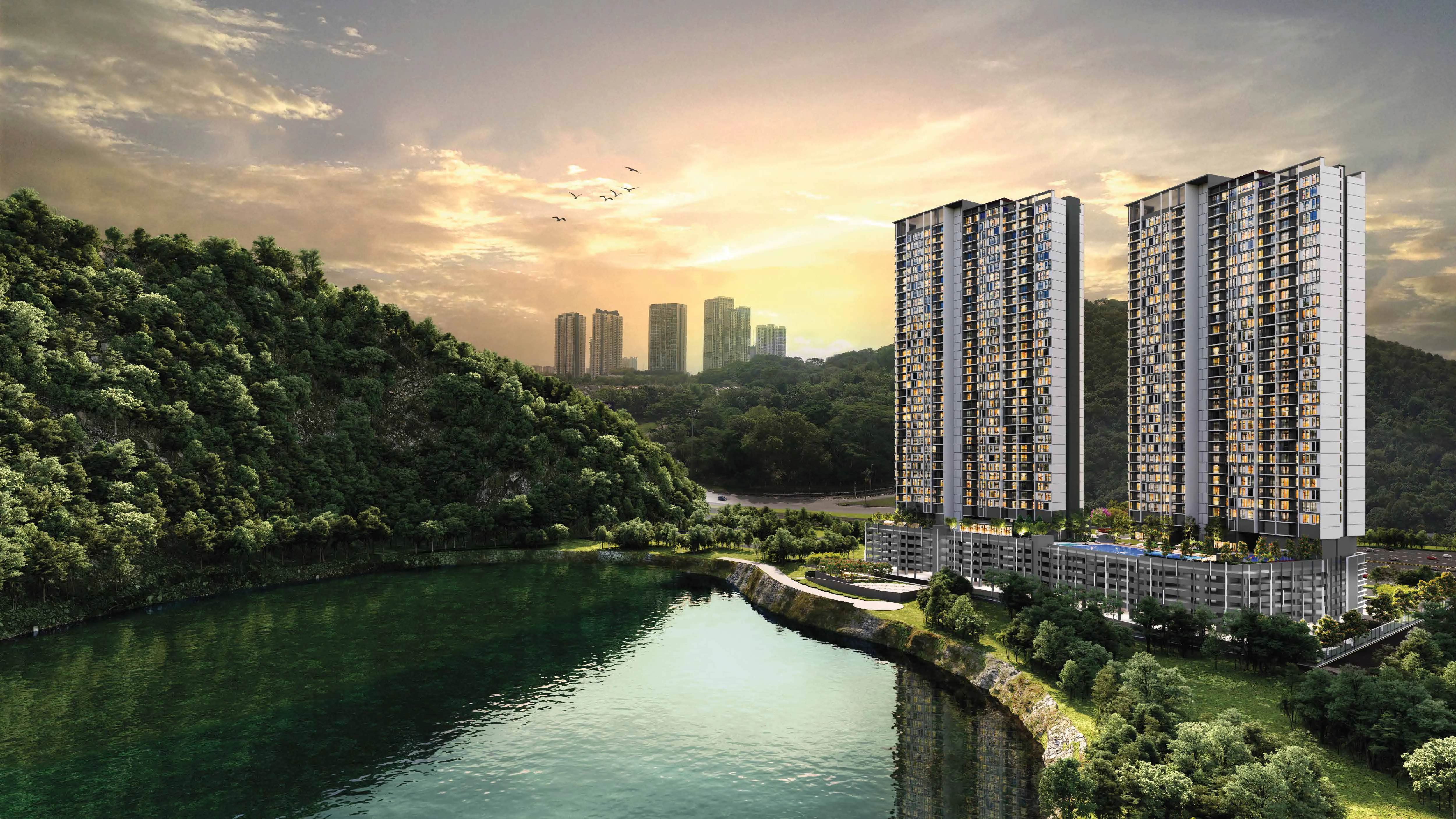 ForestHill Residences, two towers beside the lake and the forest in Petaling Jaya, at dusk