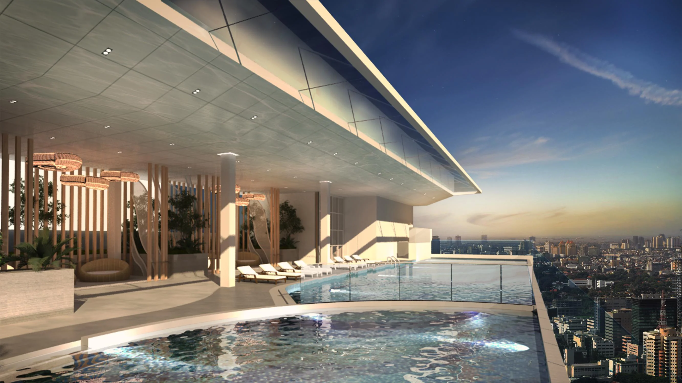 Golden Crown Residence infinity pool on Level 59 at dusk, overlooking Kuala Lumpur
