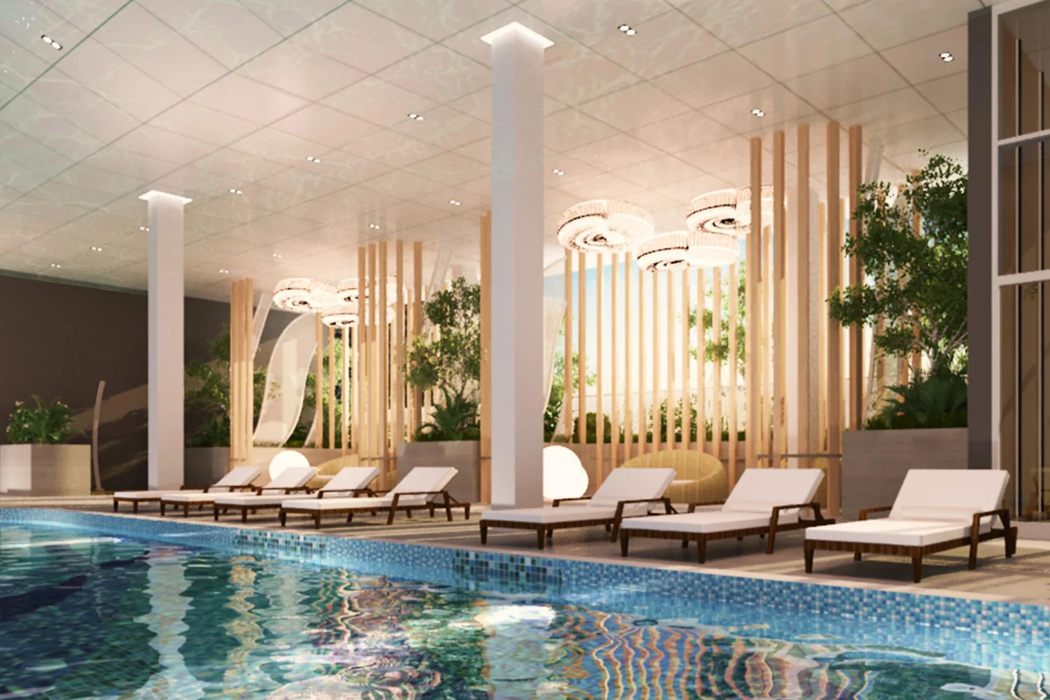 Pool deck with sun loungers on Level 59, Golden Crown Residence