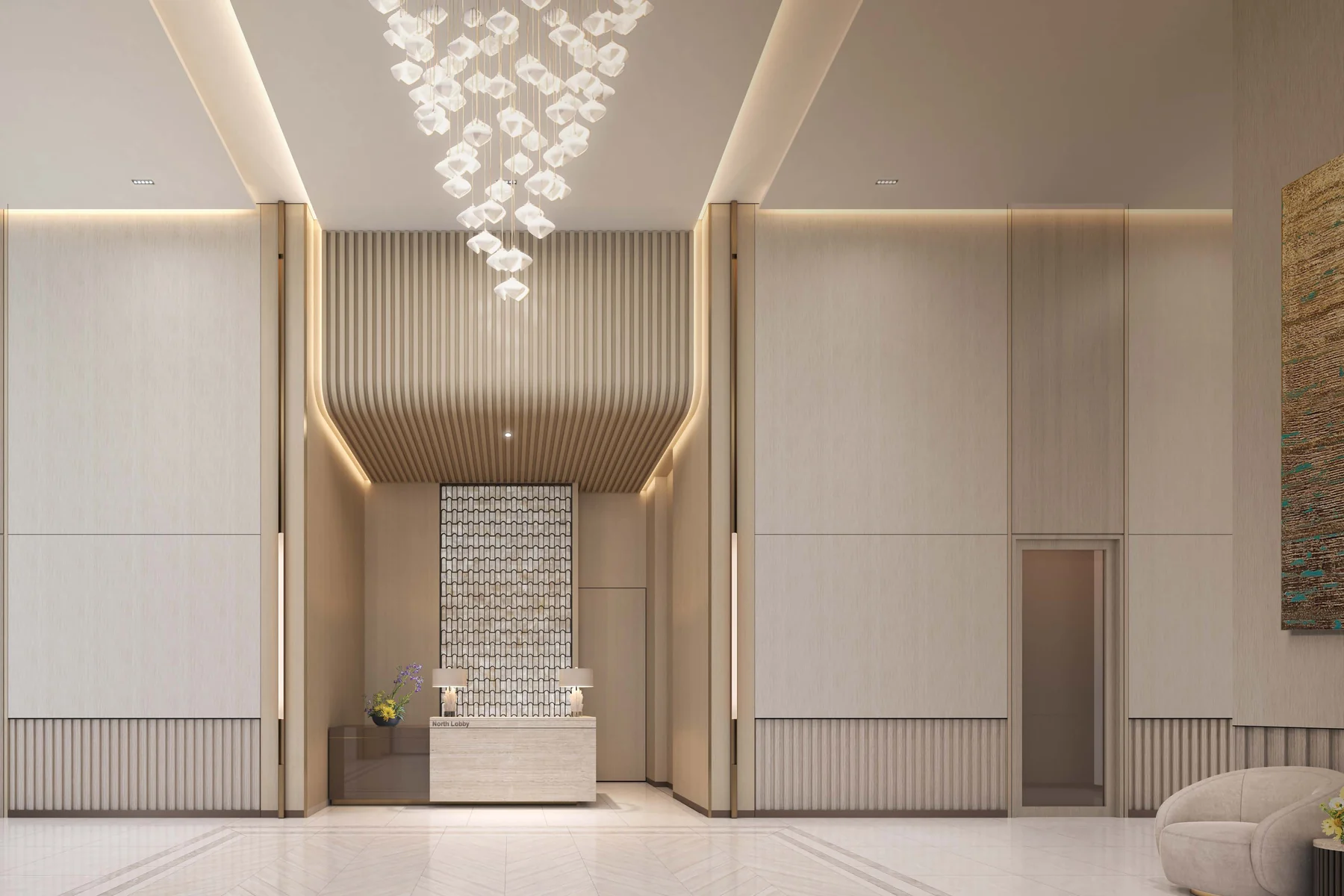 Imperial Residences Damansara Heights concierge lobby with a crystal chandelier, artist’s impression