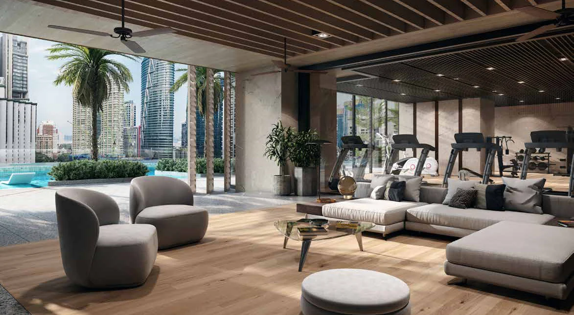 The gym and lounge opening to the pool deck on Level 7 of Jewel by Oxley KLCC