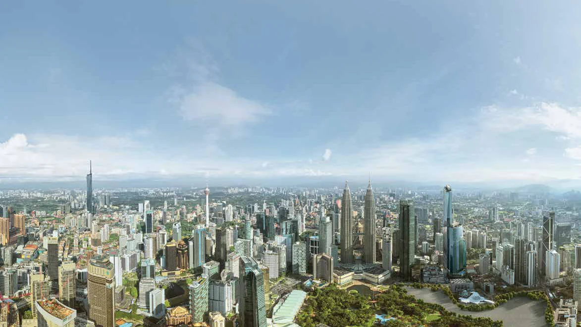 The KL City Centre skyline with Jewel by Oxley KLCC next to KLCC Park and the Petronas Twin Towers