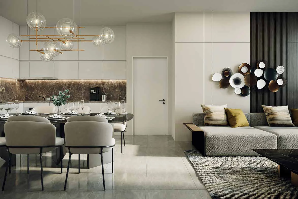 A living and dining room with an open kitchen at Jewel by Oxley KLCC