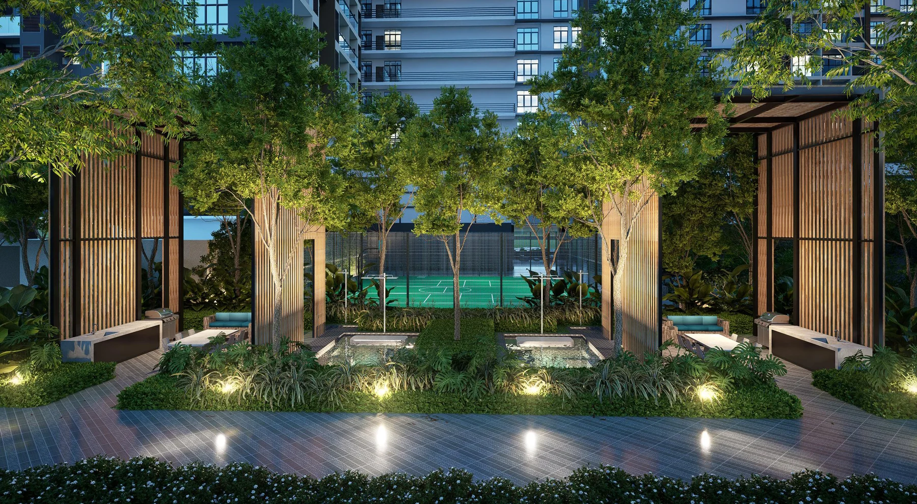 The jacuzzis and timber screens of the Haven Pavilion at Khaya Residences