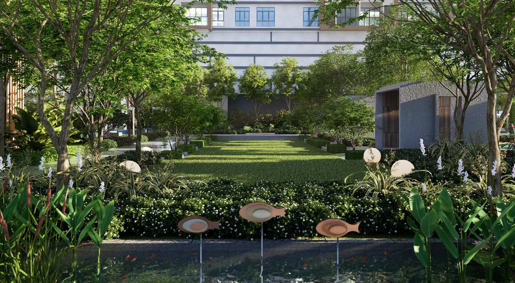 The party lawn and eco pond at Khaya Residences