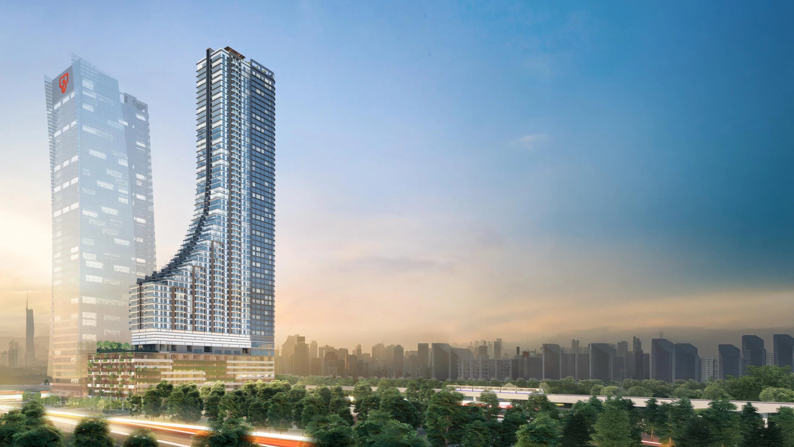 Khaya Residences, the 61-storey tower on Jalan Bangsar, beside its office tower at sunrise