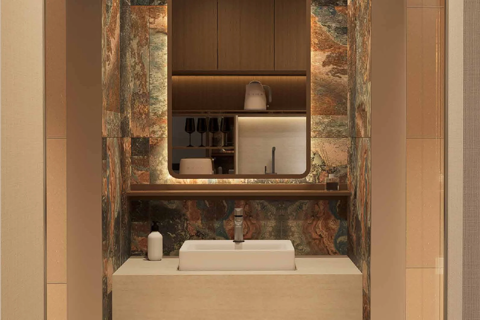 Stone vanity in the walnut interior design concept for MABA Suitez