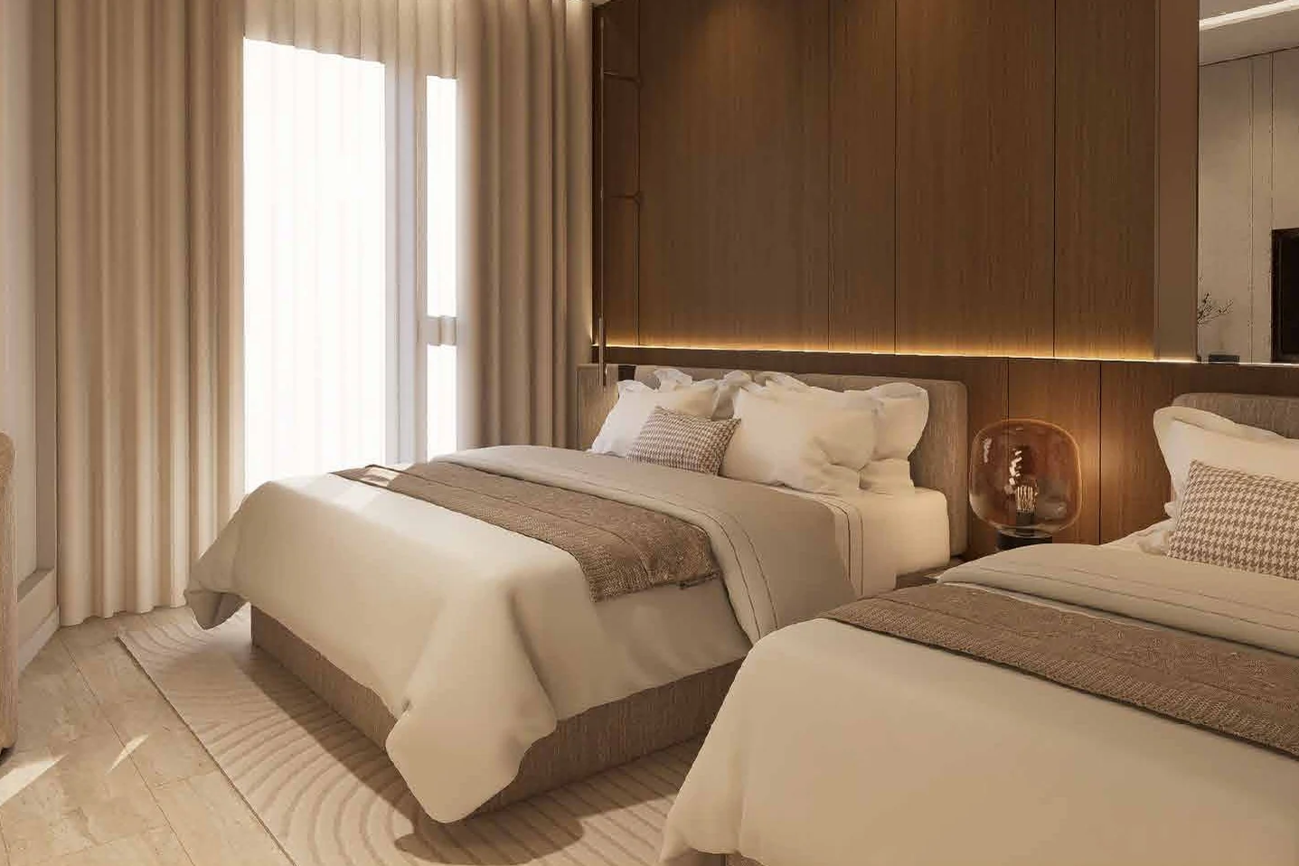 Twin bedroom in the walnut interior design concept for MABA Suitez