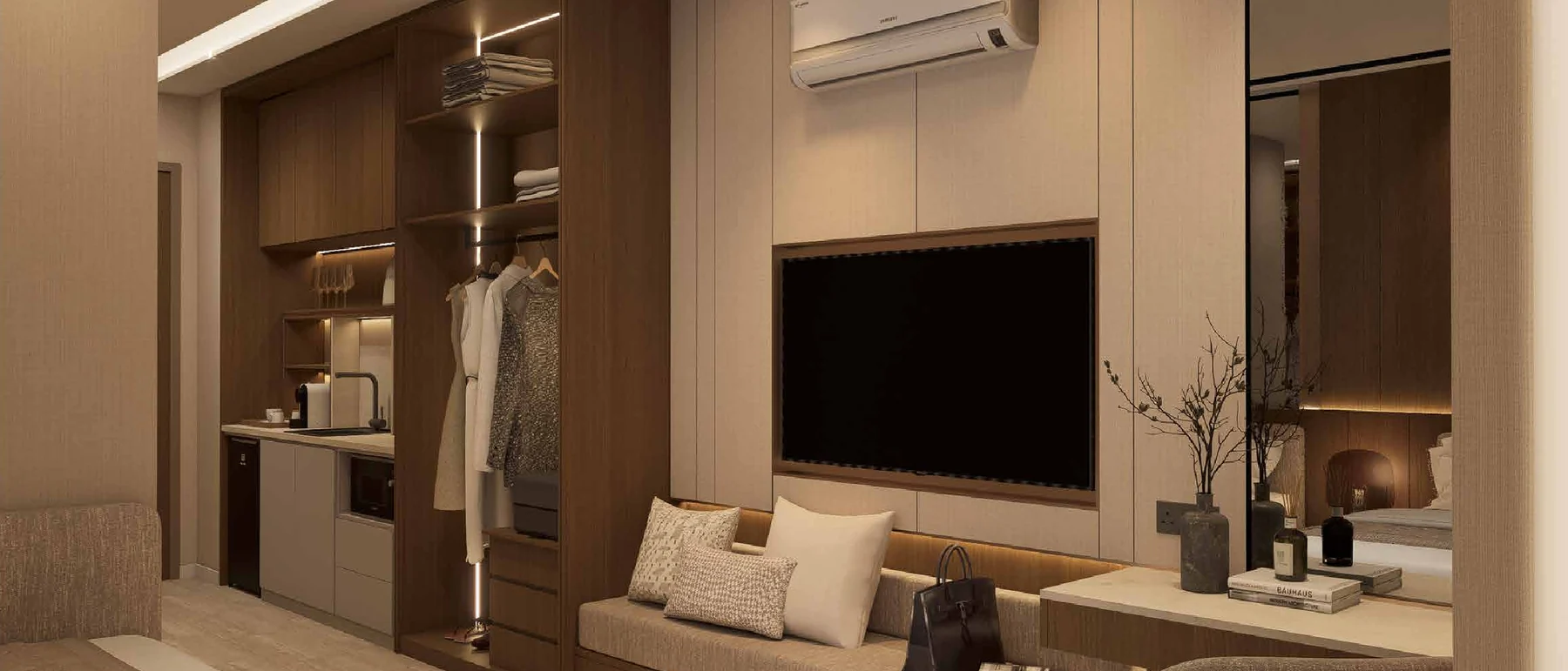 Living area with built-in storage in the walnut interior design concept for MABA Suitez