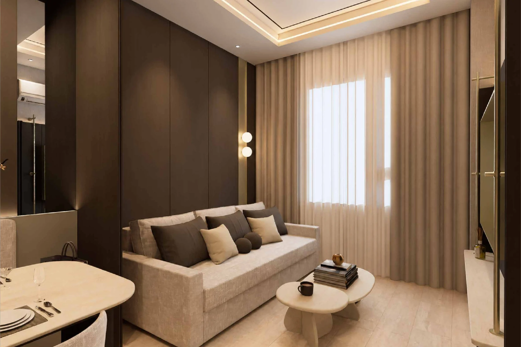 Lounge and dining corner in the ivory interior design concept for MABA Suitez