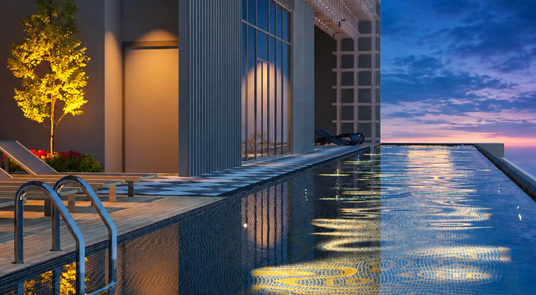 The Luxe Pool on Level 53A of MABA Suitez at dusk