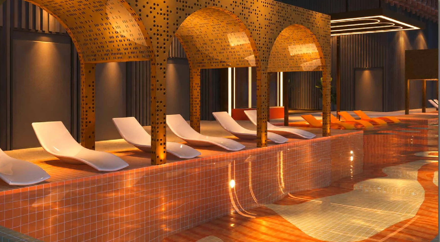 The Sunlit Pool with loungers under arched canopies on Level 50 of Tower B, MABA Suitez