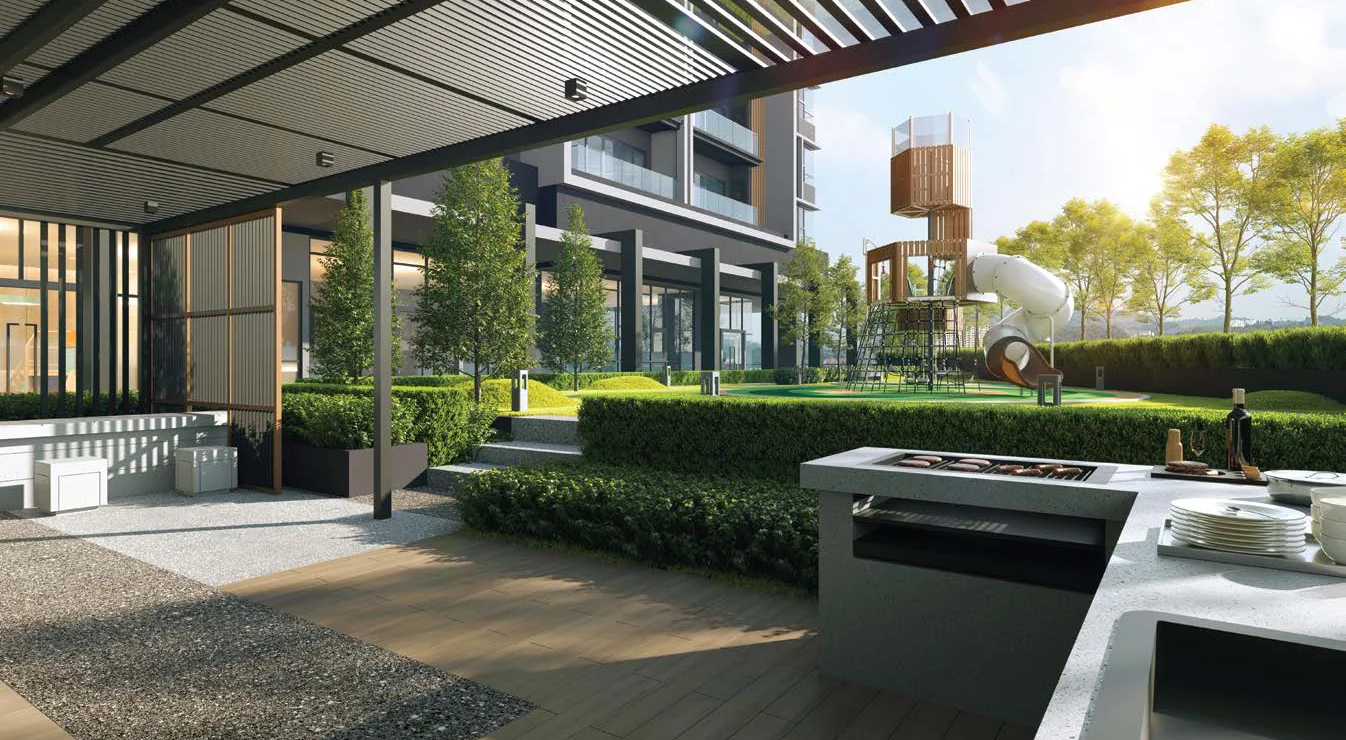 The BBQ deck and children's playground at OAKA Residences
