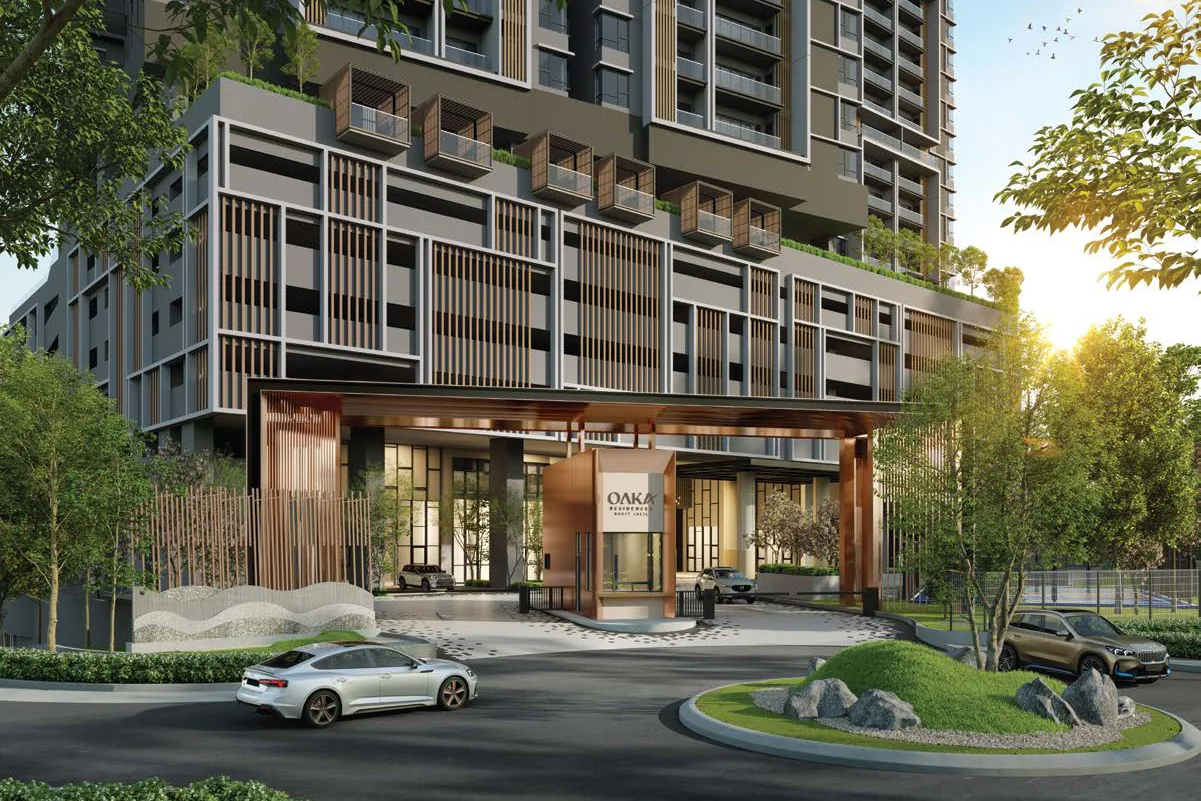 The grand entrance and drop-off of OAKA Residences