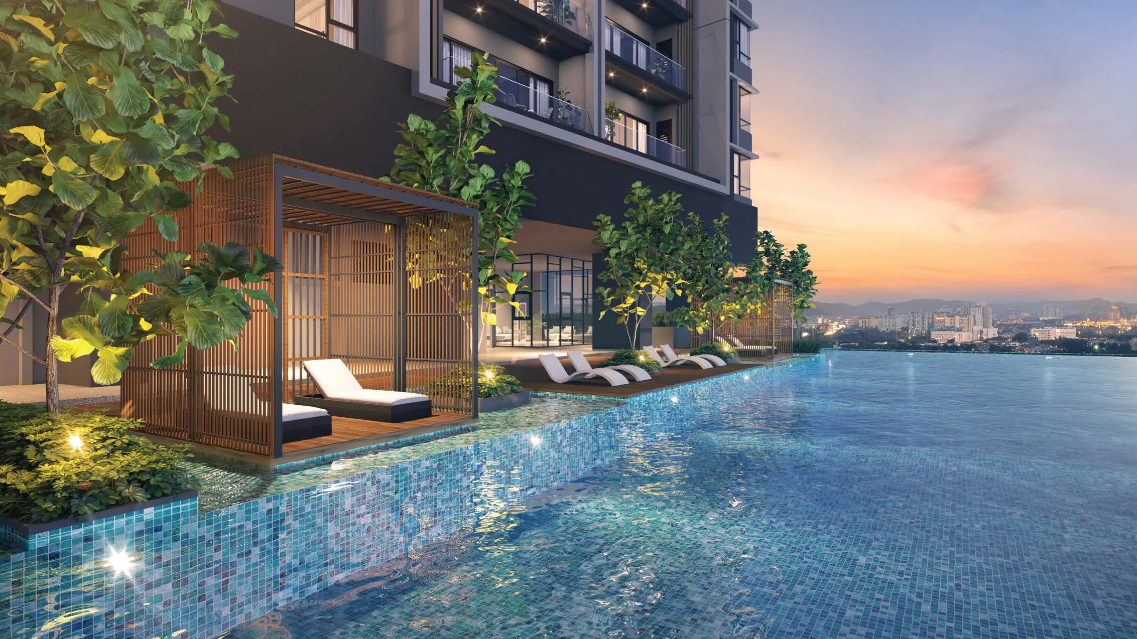 The pool pavilion and infinity pool at OAKA Residences, Bukit Jalil, at dusk