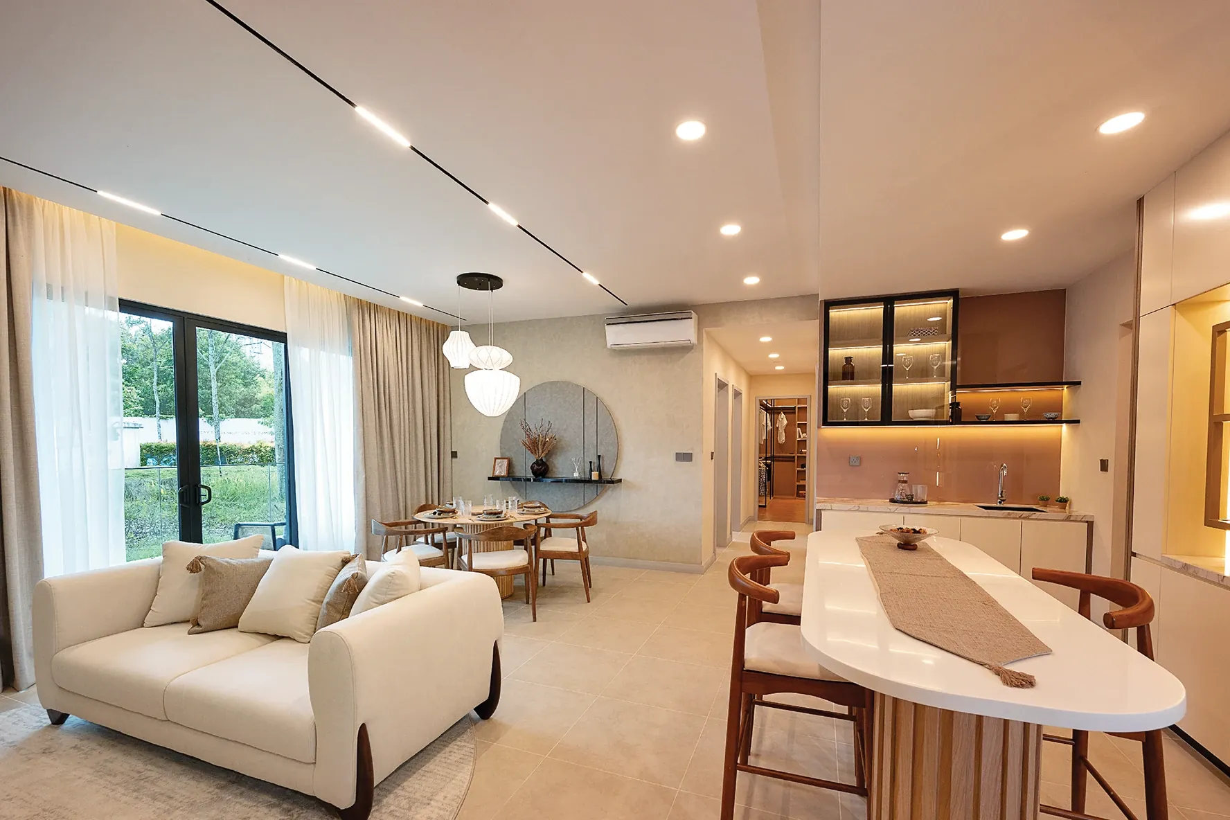 The Type C living area and dry kitchen at OAKA Residences
