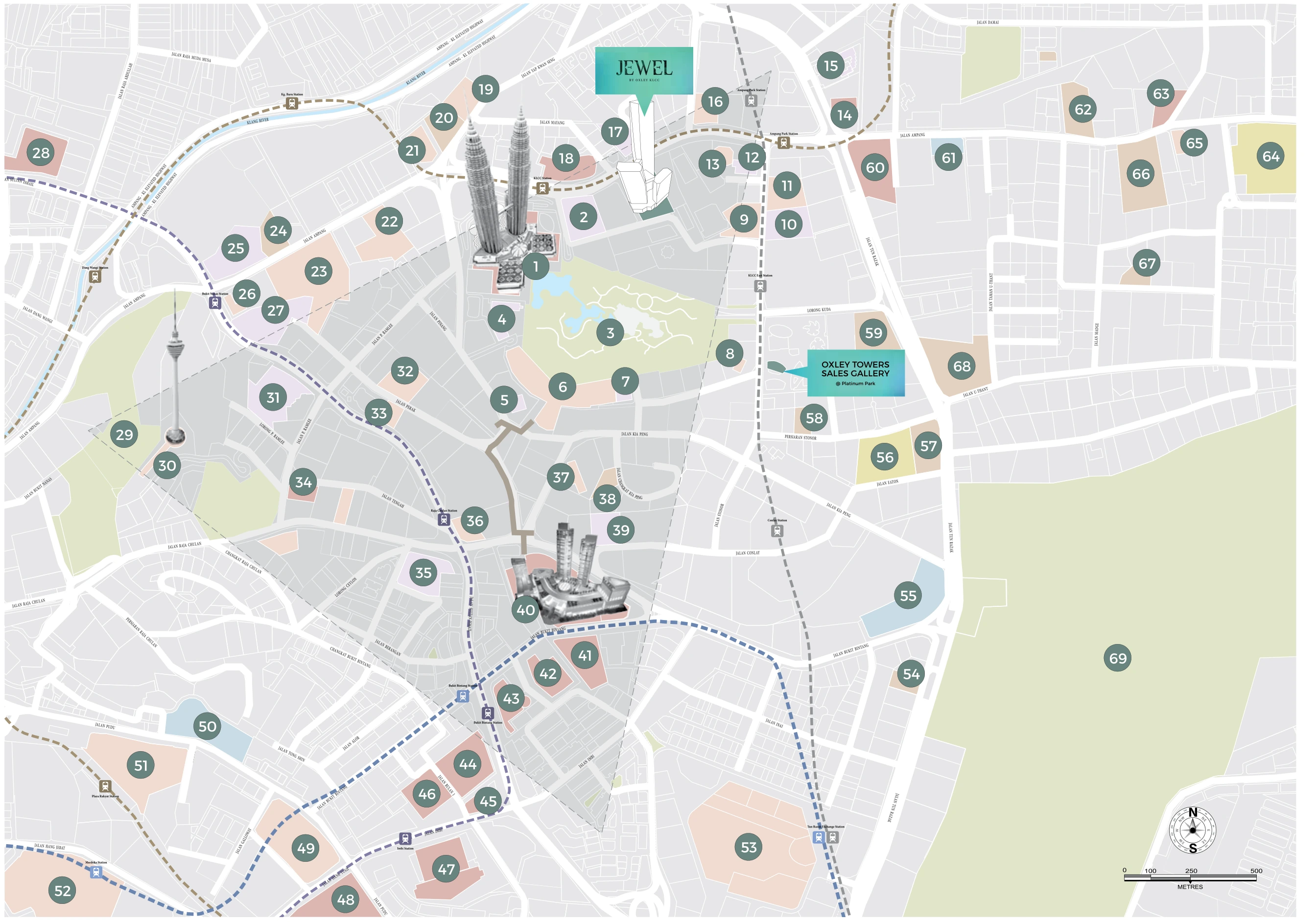 Oxley Towers location map: Jalan Ampang beside the Petronas Twin Towers and KLCC Park, with Bukit Bintang, TRX and the rail lines