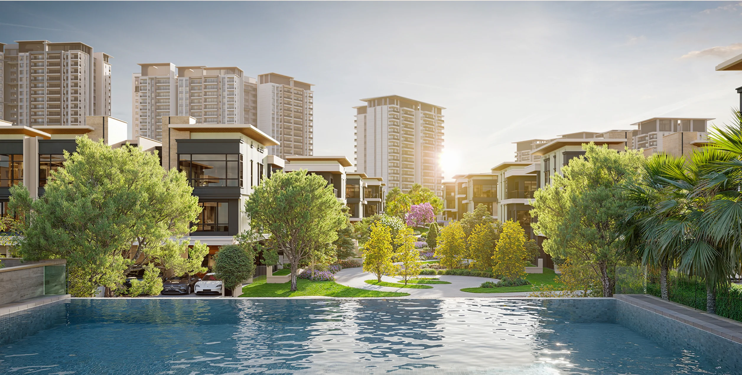 ParkCity Damansara Zenia: Parkhomes beside the pool, with the Condovillas blocks behind