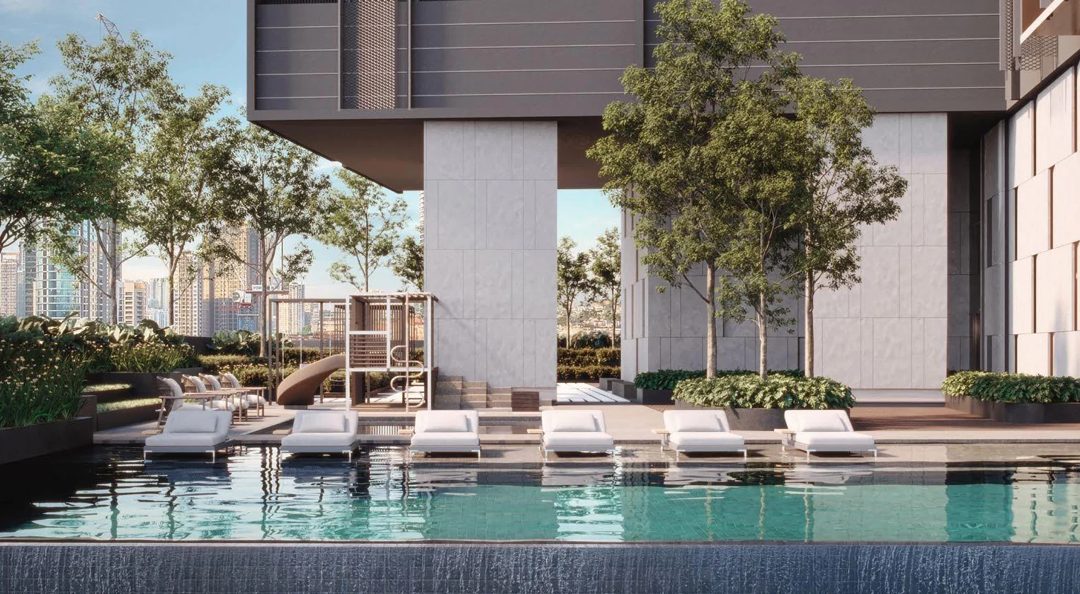 The infinity pool and pool deck at Parkside Residences