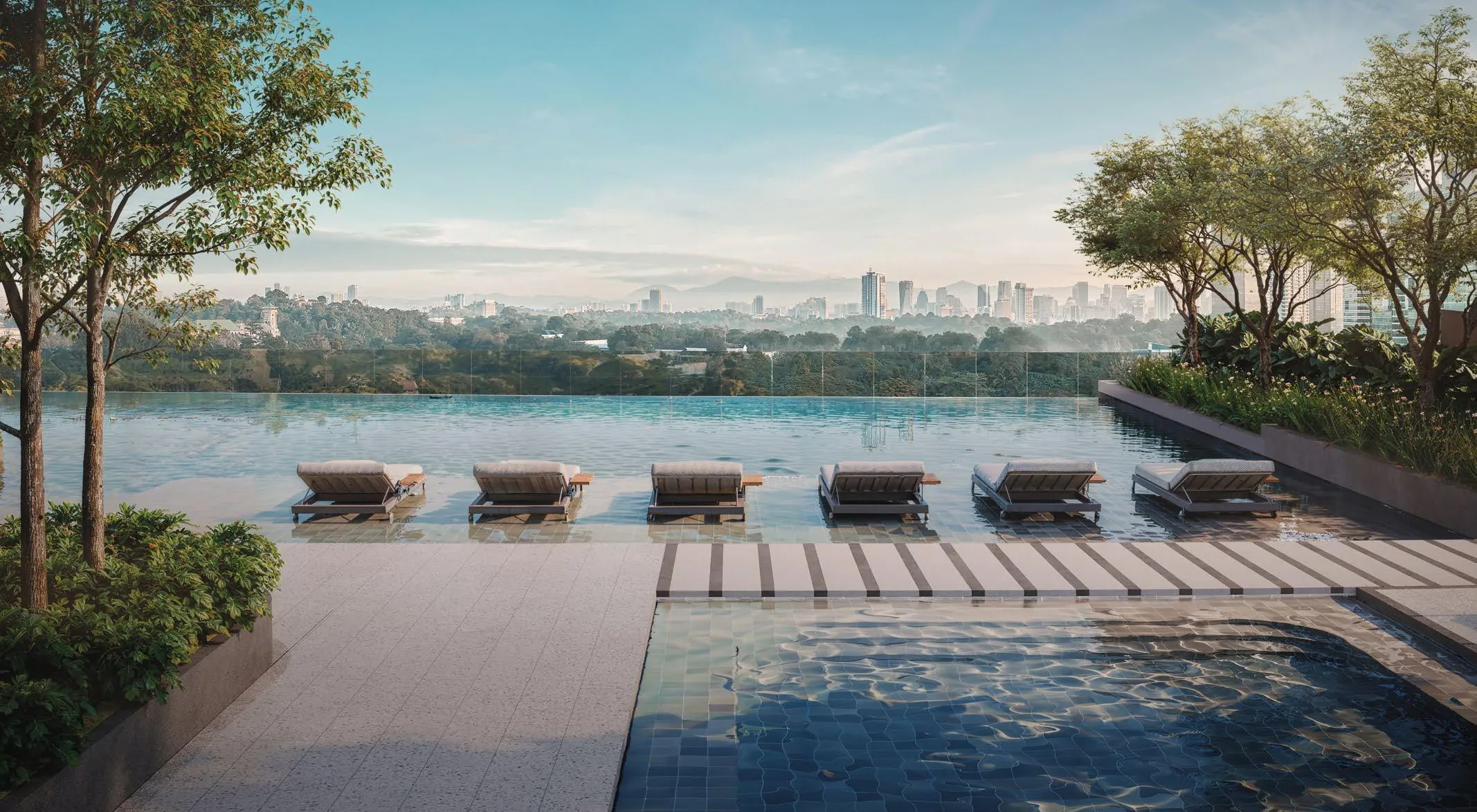 The Level 8 infinity pool at Parkside Residences, facing the city
