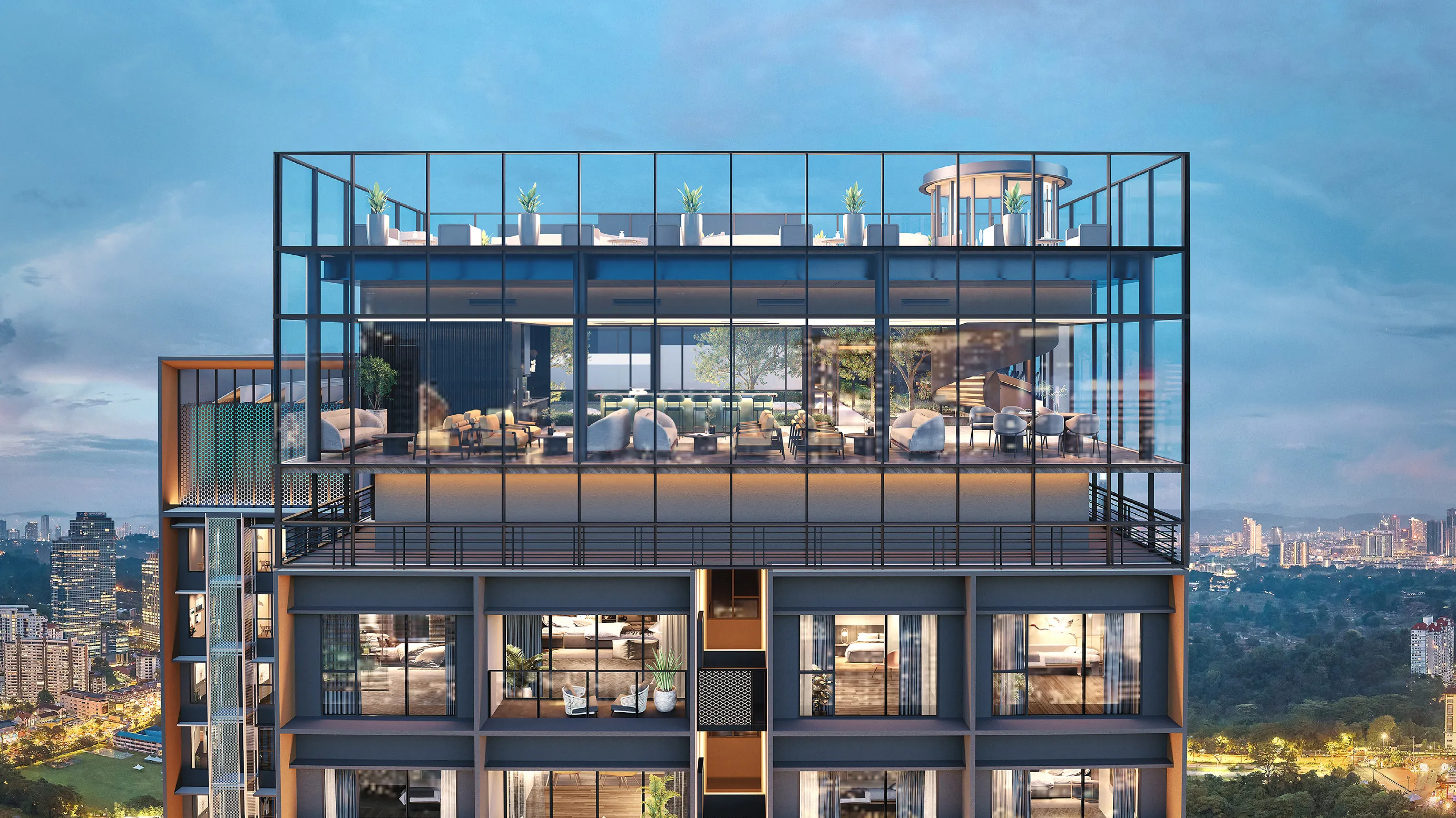 Parkside Residences crown with the Level 61 sky lounge at dusk, Bangsar