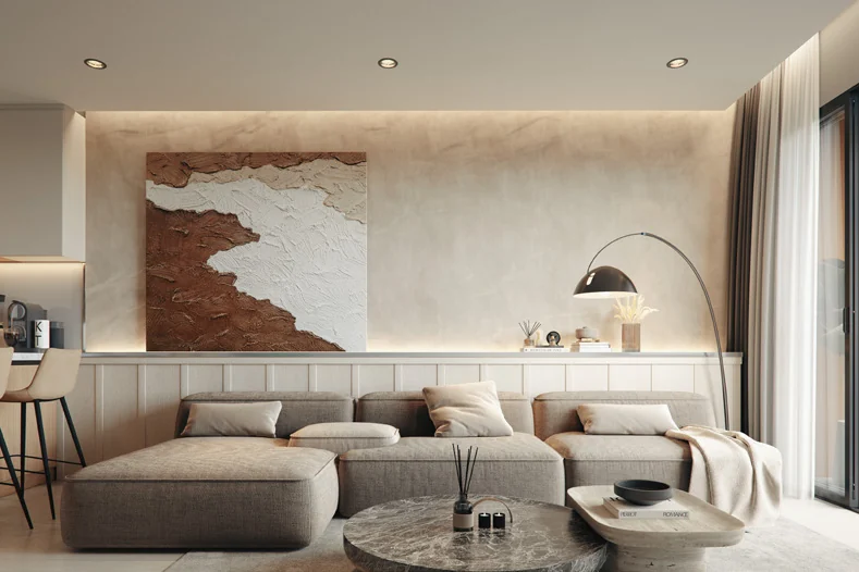 A Parkside Residences living room with a balcony
