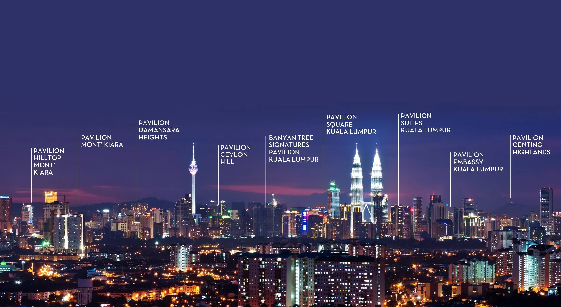 Kuala Lumpur skyline at night with Pavilion Group developments marked, from Pavilion Hilltop to Pavilion Square