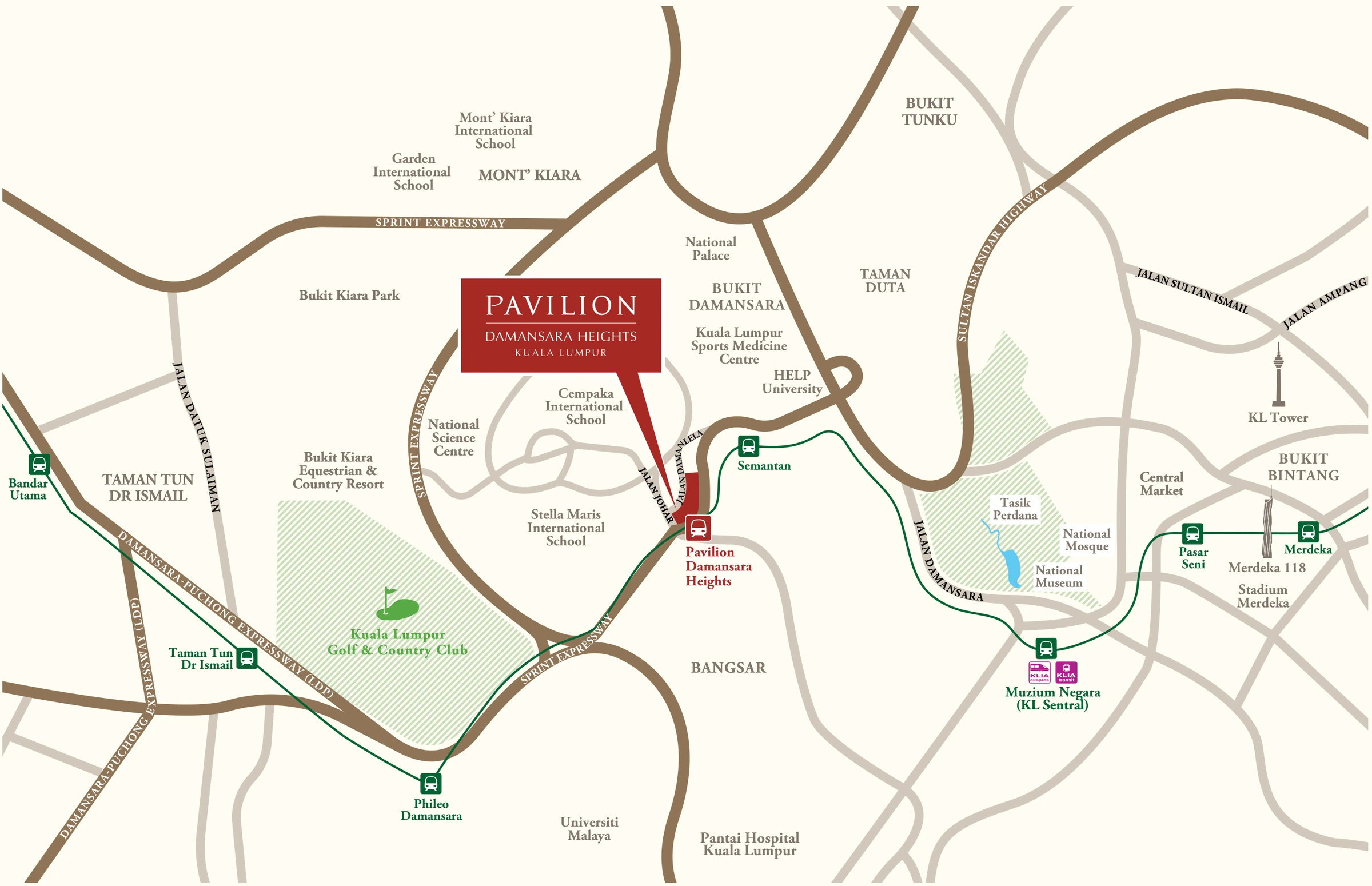 Pavilion Damansara Heights location map: the MRT line, Bukit Kiara, Mont Kiara, Bangsar, KL Sentral and the main highways
