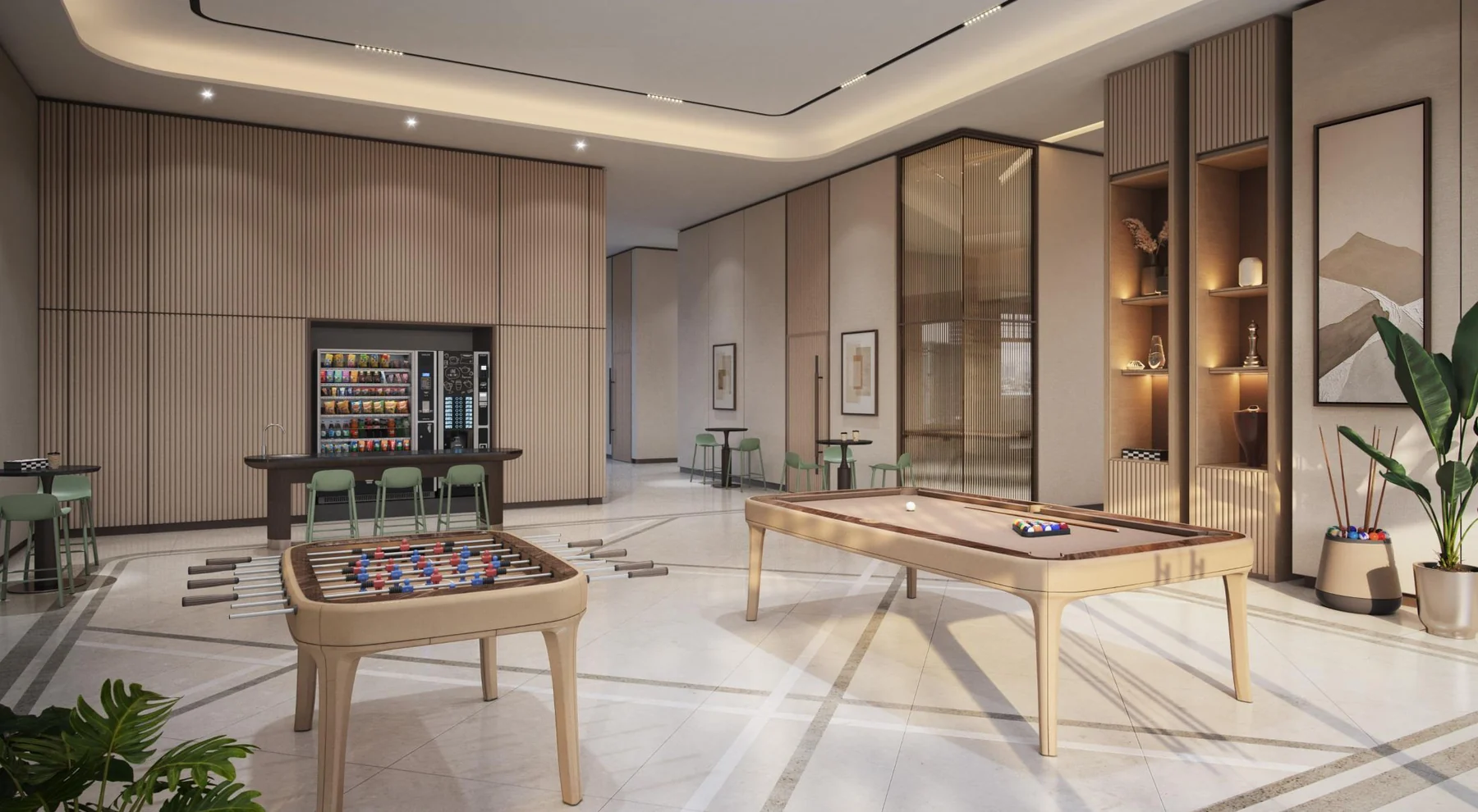 Entertainment room with pool and foosball tables on Level 12, Pavilion Square